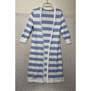 Talbots Cardigan Sweater Women S Blue White Striped Long Open Front Pima-Cotton